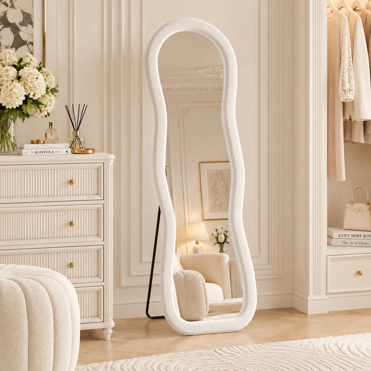 Miroir plein pied 160x50 cm, grand miroir sur pied et miroir mural avec cadre rembourré, miroir d'essayage pour chambre, couloir, dressing, miroir rectangulaire grand format décoratif pour vêtements, maquillage et décoration d'intérieur moderne