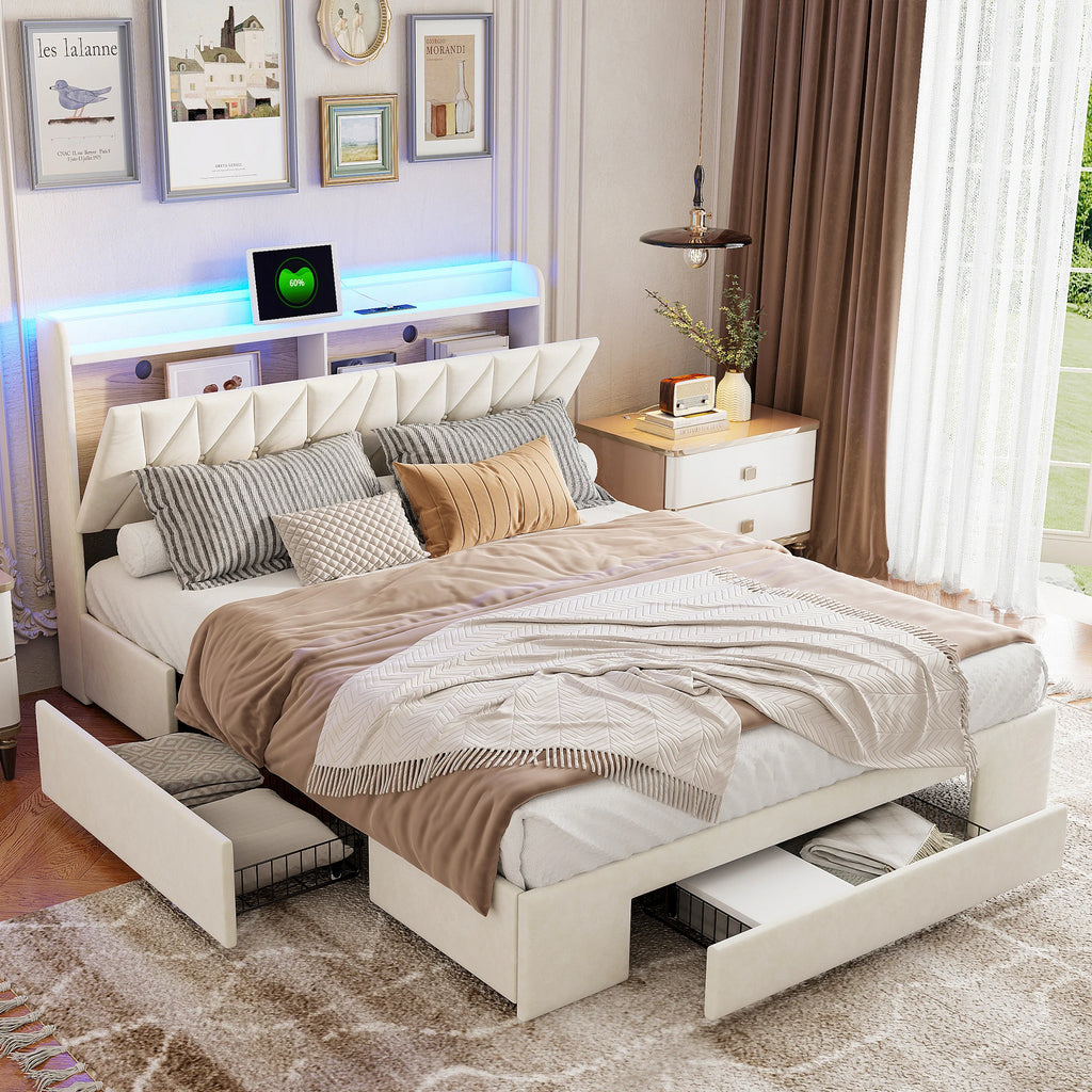 Lit 160x200 cm, lit double avec 3 tiroirs et rangement sous la tête de lit, lit coffre en velours beige avec sommier à lattes, lit pour adolescent, lit fonctionnel, cadre de lit pour chambre et chambre d'amis, lit confort pour adultes et adolescents