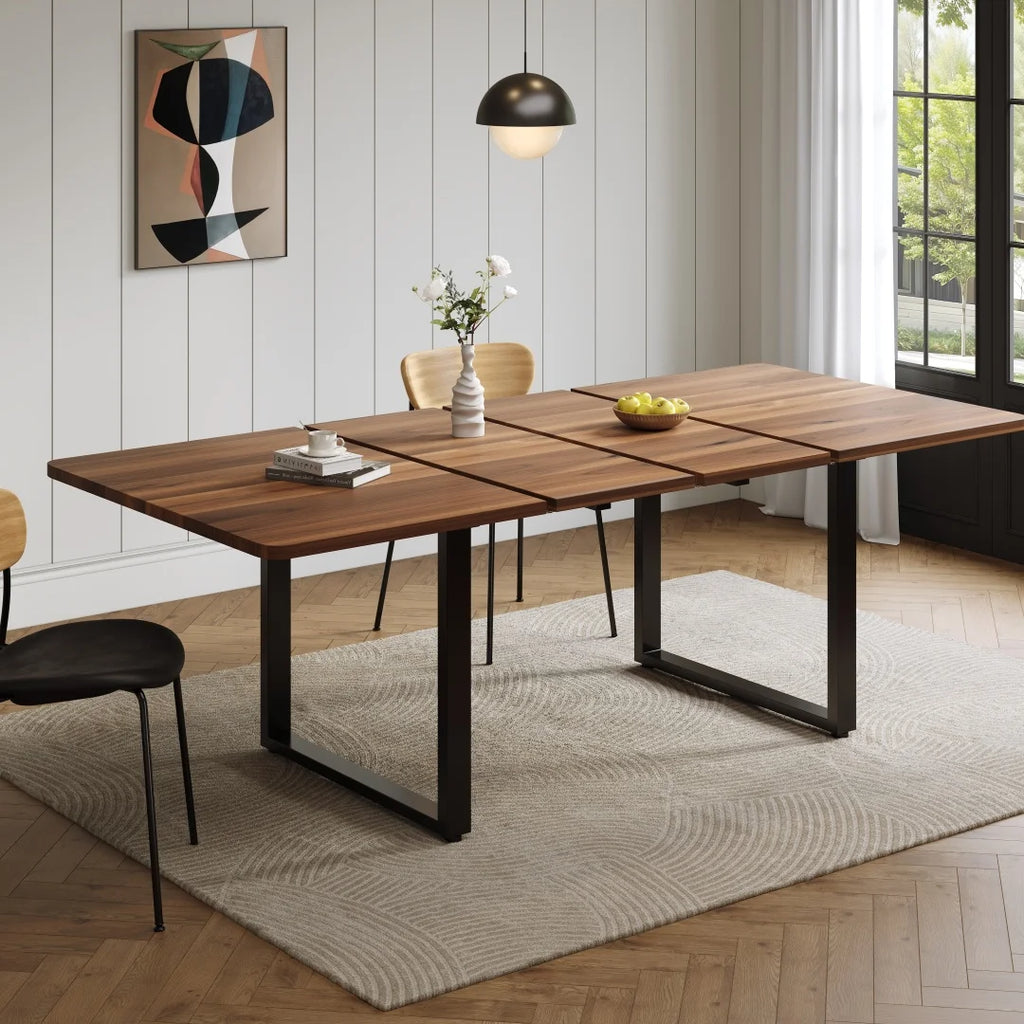 Table à manger extensible avec 3 longueurs (140/180/220 x 80 cm) - Convient pour 6 à 10 personnes, forme droite, pieds en métal, style simple pour salle à manger et cuisine - Couleur bois de noyer