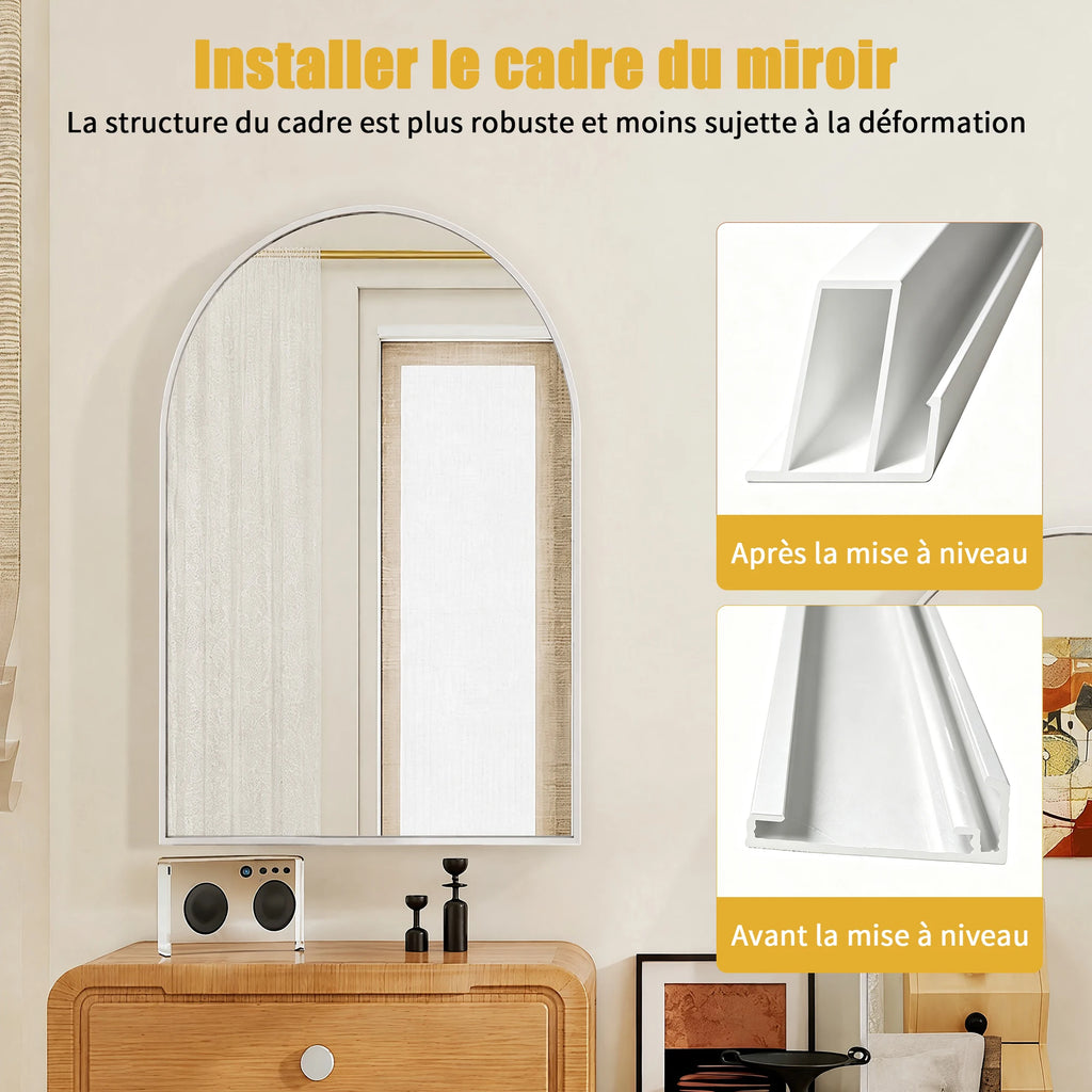 Miroir mural en verre trempé Superaly 91x61 cm avec cadre en alliage d'aluminium, miroir arqué, miroir de salle de bain, miroir de maquillage, miroir de courtoisie pour salon, chambre, couloir, blanc