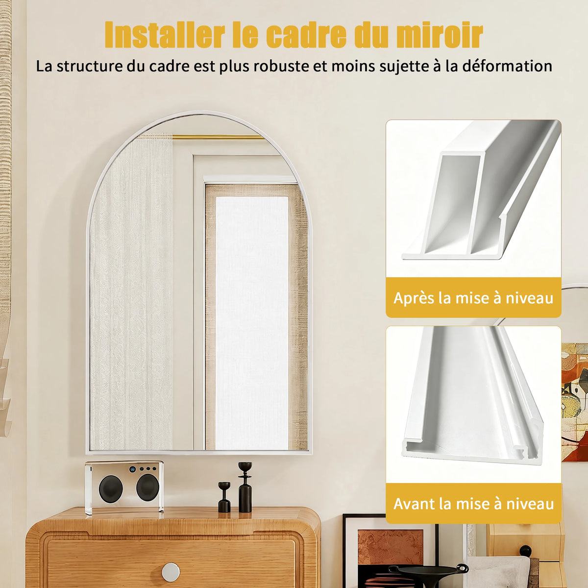 Miroir mural en verre trempé Superaly 91x61 cm avec cadre en alliage d'aluminium, miroir arqué, miroir de salle de bain, miroir de maquillage, miroir de courtoisie pour salon, chambre, couloir, blanc