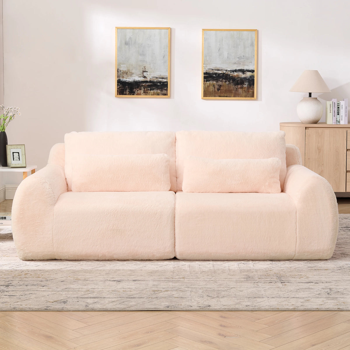 Canapé 2 places en tissu effet fourrure de lapin, vert, avec dossier haut, assise rembourrée à ressorts et poche latérale pour magazines. Son design compact est idéal pour un petit salon, un appartement, un bureau ou une chambre.