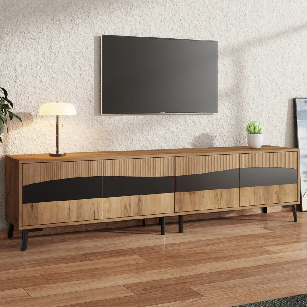 Meuble TV 80x40x50 cm, meuble télé bicolore effet bois et noir, meuble TV avec 4 compartiments, meuble de salon avec 8 pieds de support, capacité de charge recommandée 30 kg, design symétrique, meuble bas