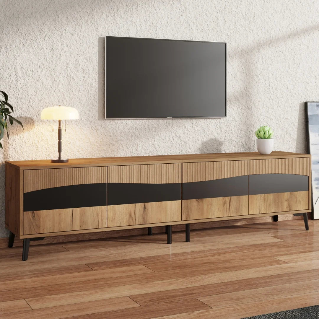 Meuble TV 80x40x50 cm, meuble télé bicolore effet bois et noir, meuble TV avec 4 compartiments, meuble de salon avec 8 pieds de support, capacité de charge recommandée 30 kg, design symétrique, meuble bas