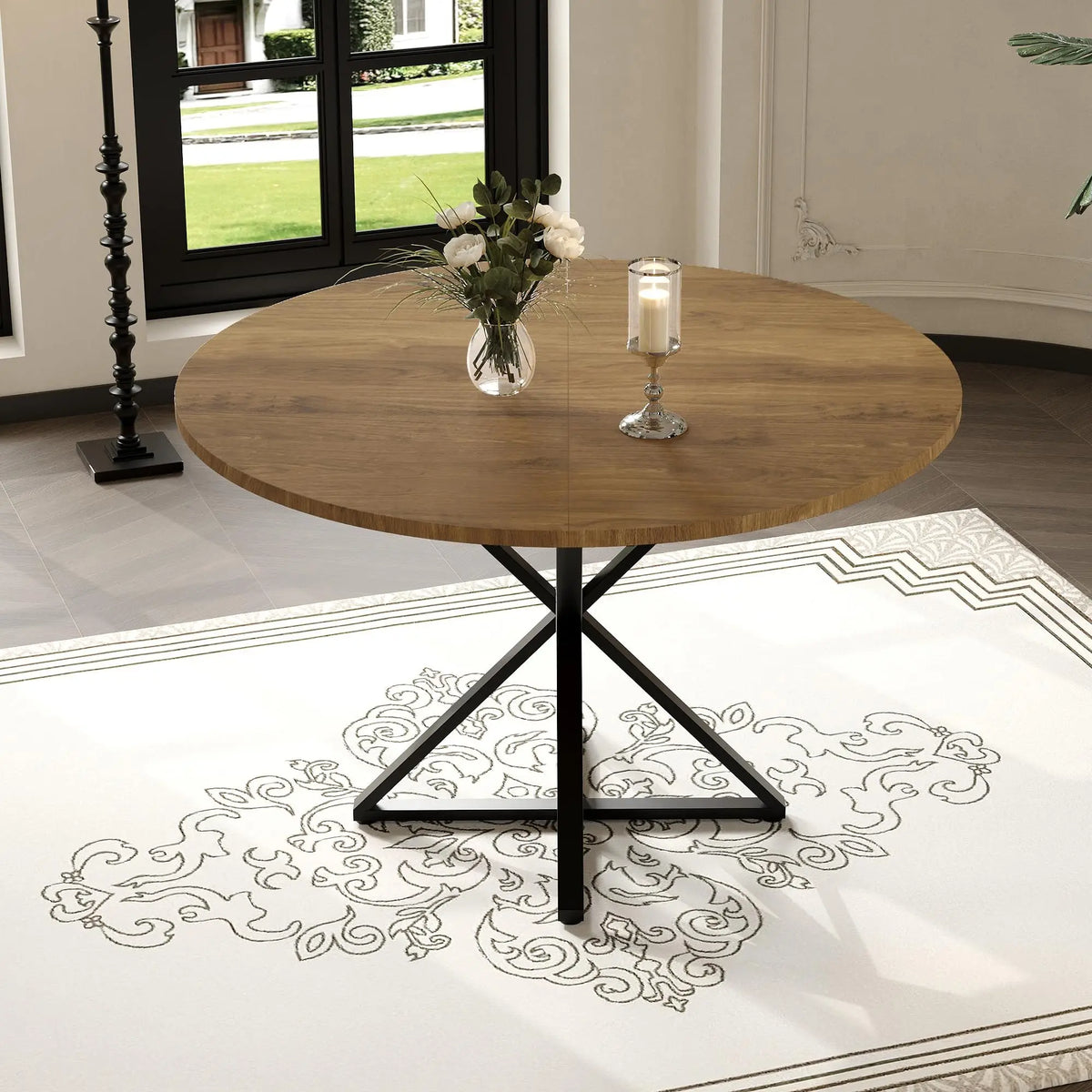 Table à manger ronde 120 cm pour 4 à 6 personnes, table de cuisine style champêtre / rustic avec piètement central, en bois