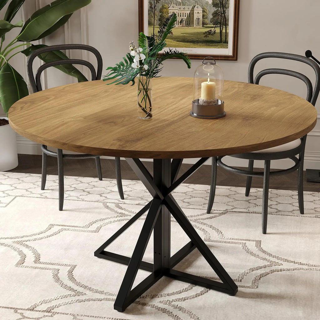 Table à manger ronde 120 cm pour 4 à 6 personnes, table de cuisine style champêtre / rustic avec piètement central, en bois