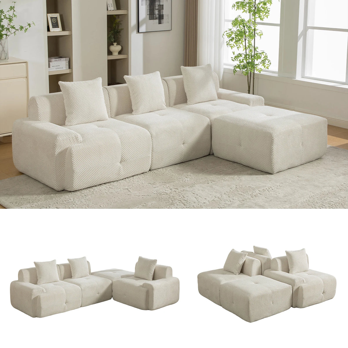 Canapé modulable 3 places en chenille beige avec mousse haute élasticité 30D et compression sous vide, sans montage avec sol antidérapant, polyvalent pour salon, chambre et bureau à domicile