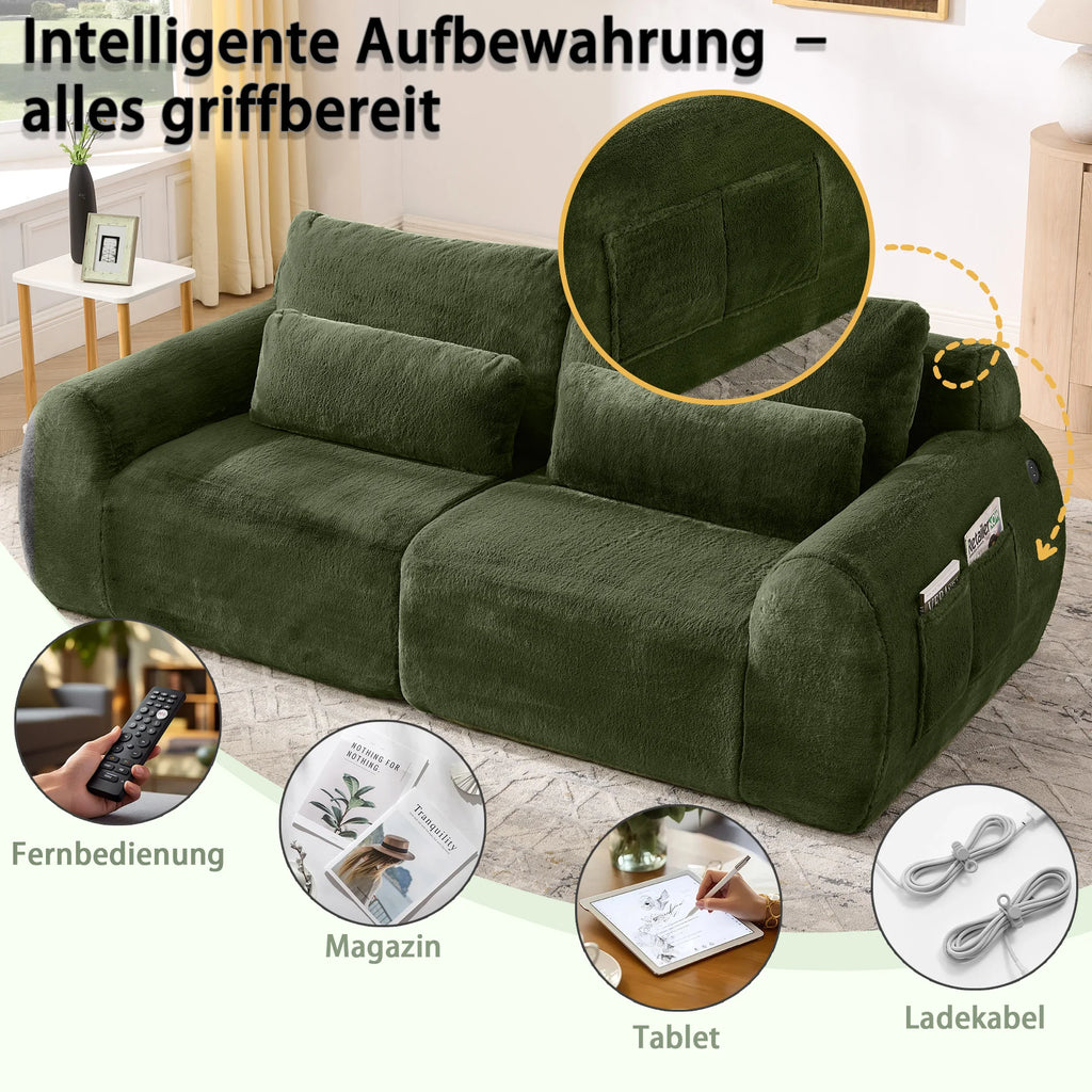 Canapé 2 places en tissu effet fourrure de lapin, vert, avec dossier haut, assise rembourrée à ressorts et poche latérale pour magazines. Son design compact est idéal pour un petit salon, un appartement, un bureau ou une chambre.