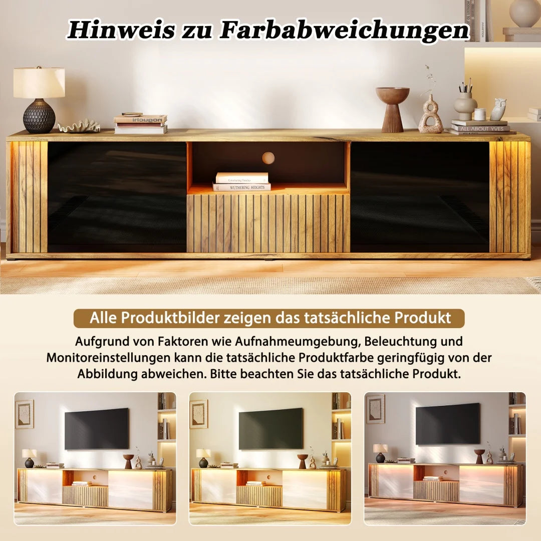 Portes de meuble, 1 tiroir, meuble TV avec éclairage LED, meuble TV haut/bas, table TV, adapté pour TV 75 pouces, salon/chambre, couleur noir et bois, 180×40×51 cm