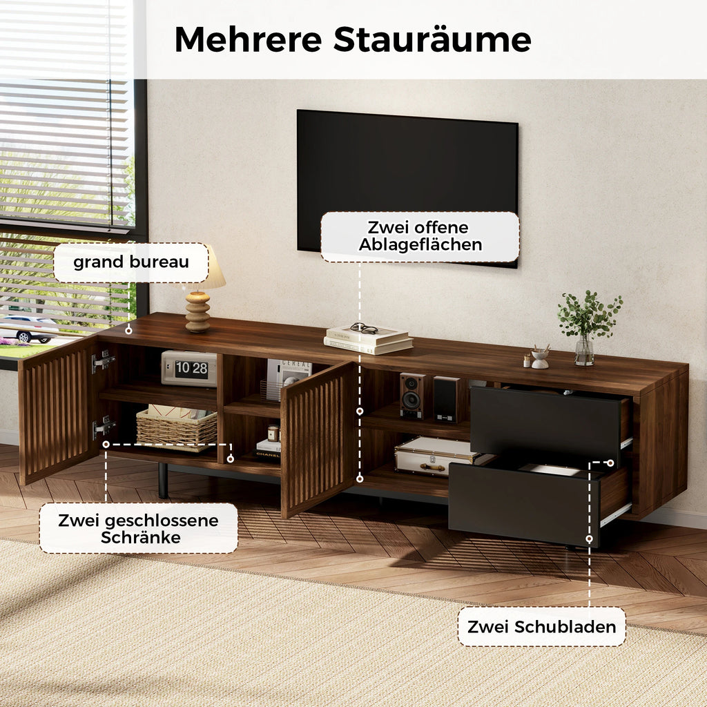 Meuble TV 160 cm, meuble télé en bois MDF avec portes à tasseaux, tiroirs et compartiments ouverts, meuble bas de salon au design noir et noyer