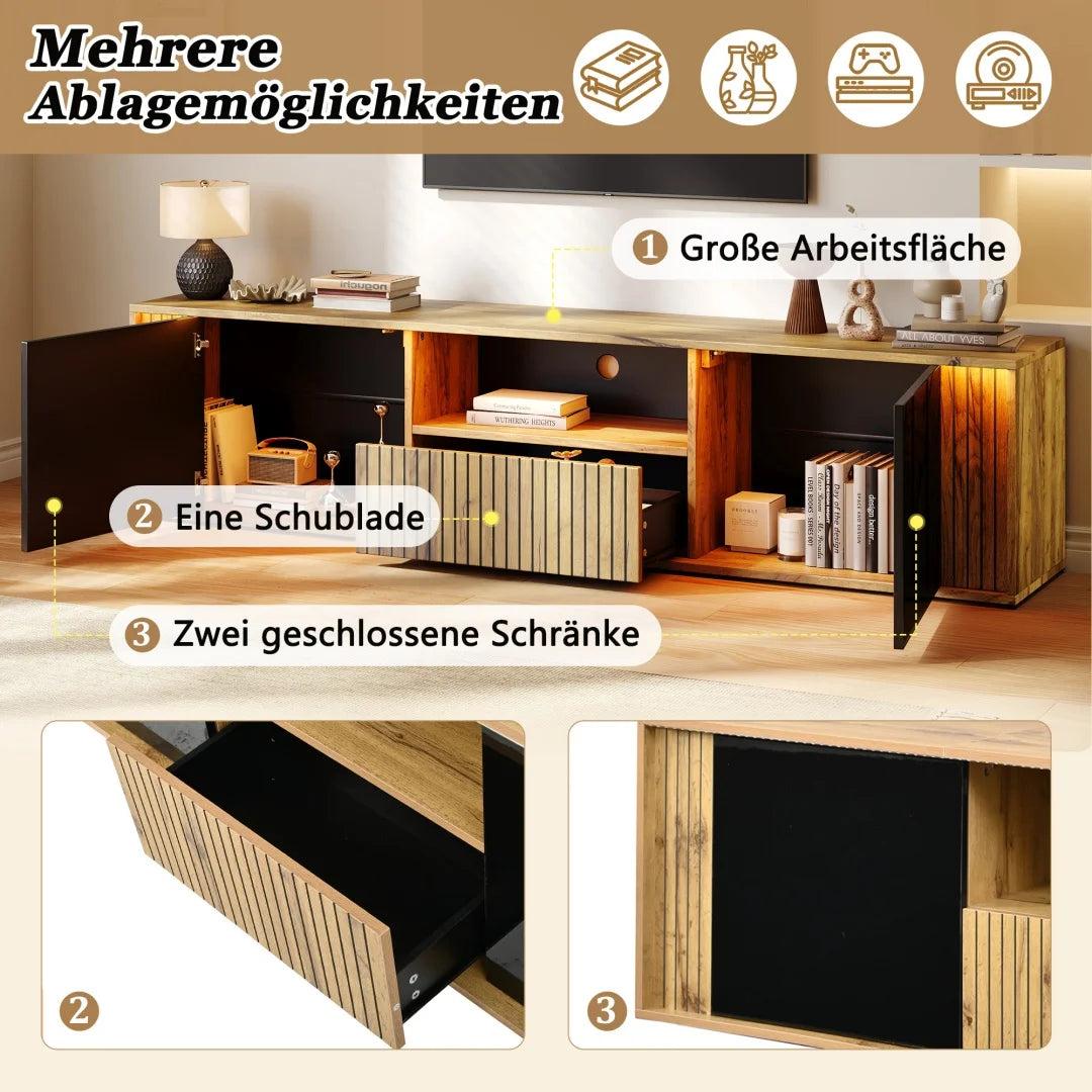 Portes de meuble, 1 tiroir, meuble TV avec éclairage LED, meuble TV haut/bas, table TV, adapté pour TV 75 pouces, salon/chambre, couleur noir et bois, 180×40×51 cm