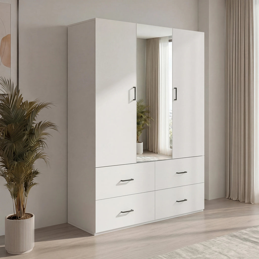 Armoire de chambre blanche moderne avec miroir et 4 tiroirs - Grand meuble de rangement et penderie pour chambre et dressing