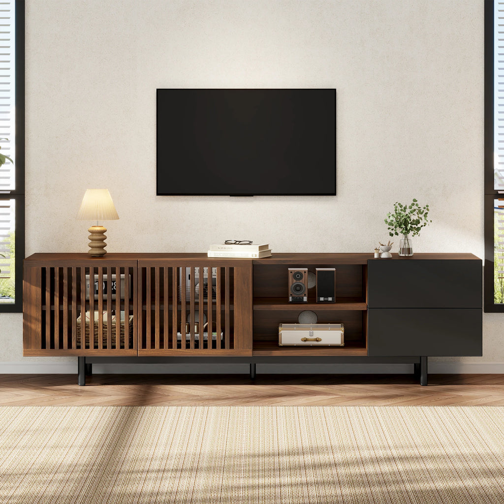 Meuble TV 160 cm, meuble télé en bois MDF avec portes à tasseaux, tiroirs et compartiments ouverts, meuble bas de salon au design noir et noyer