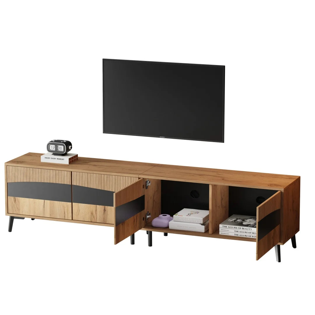 Meuble TV 80x40x50 cm, meuble télé bicolore effet bois et noir, meuble TV avec 4 compartiments, meuble de salon avec 8 pieds de support, capacité de charge recommandée 30 kg, design symétrique, meuble bas