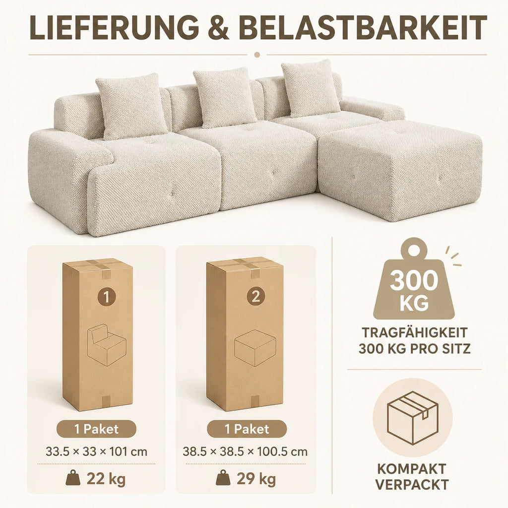 Canapé modulable 3 places en chenille beige avec mousse haute élasticité 30D et compression sous vide, sans montage avec sol antidérapant, polyvalent pour salon, chambre et bureau à domicile