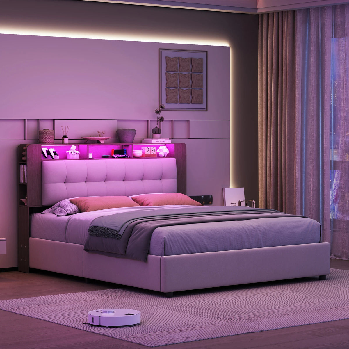 Lit rembourré Simurq avec espace de rangement 140 x 200 cm, lit double avec coffre de rangement hydraulique, lit pour adolescent avec sommier à lattes et coffre de lit, en velours, sans matelas, blanc cassé