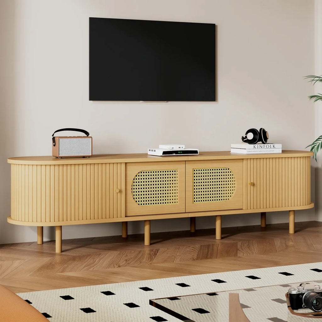 Meuble TV ovale 180x40x40 cm couleur bois clair avec design en rotin, deux portes de placard, deux portes coulissantes, meuble télé bas de salon en MDF, adapté aux téléviseurs jusqu'à 75 pouces