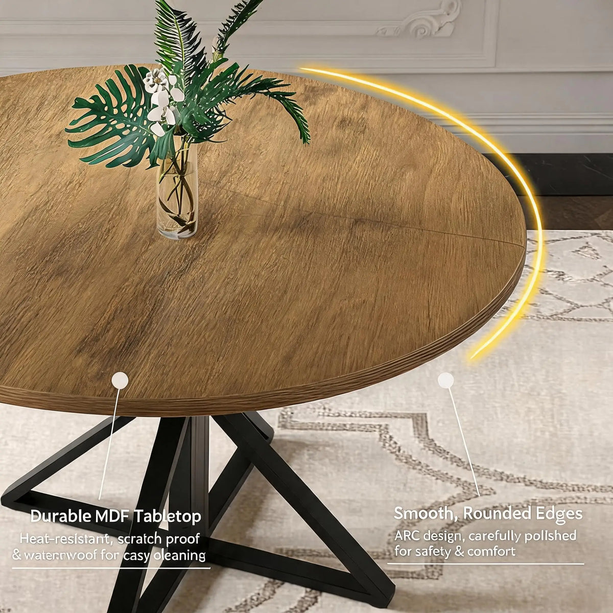 Table à manger ronde 120 cm pour 4 à 6 personnes, table de cuisine style champêtre / rustic avec piètement central, en bois