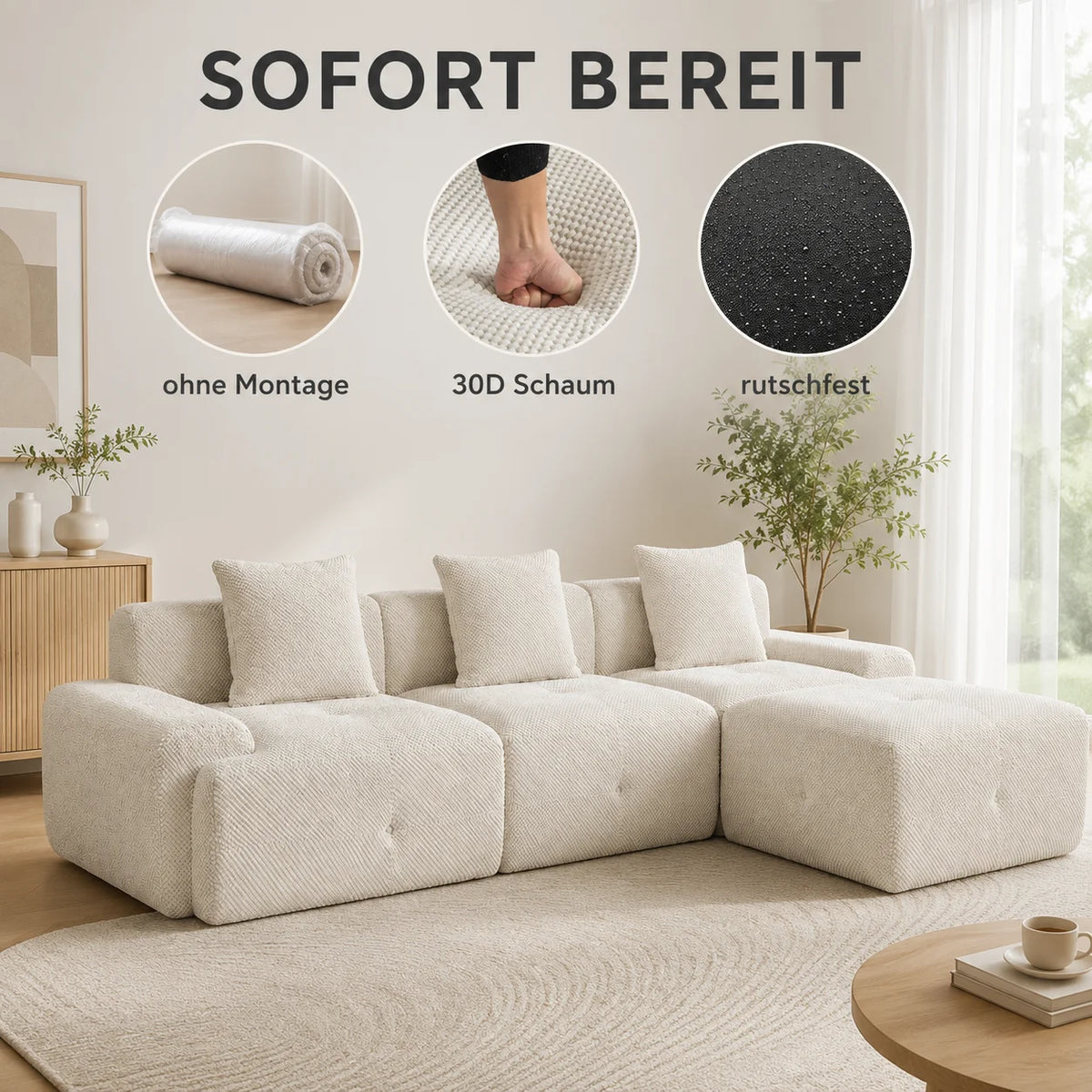 Canapé modulable 3 places en chenille beige avec mousse haute élasticité 30D et compression sous vide, sans montage avec sol antidérapant, polyvalent pour salon, chambre et bureau à domicile