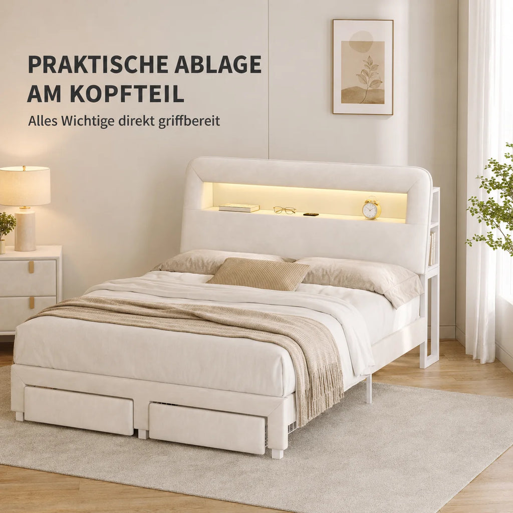 Lit en velours avec compartiments de rangement de chaque côté de la tête de lit et deux tiroirs au pied du lit - Beige, tailles au choix : 140 x 200 cm / 160 x 200 cm
