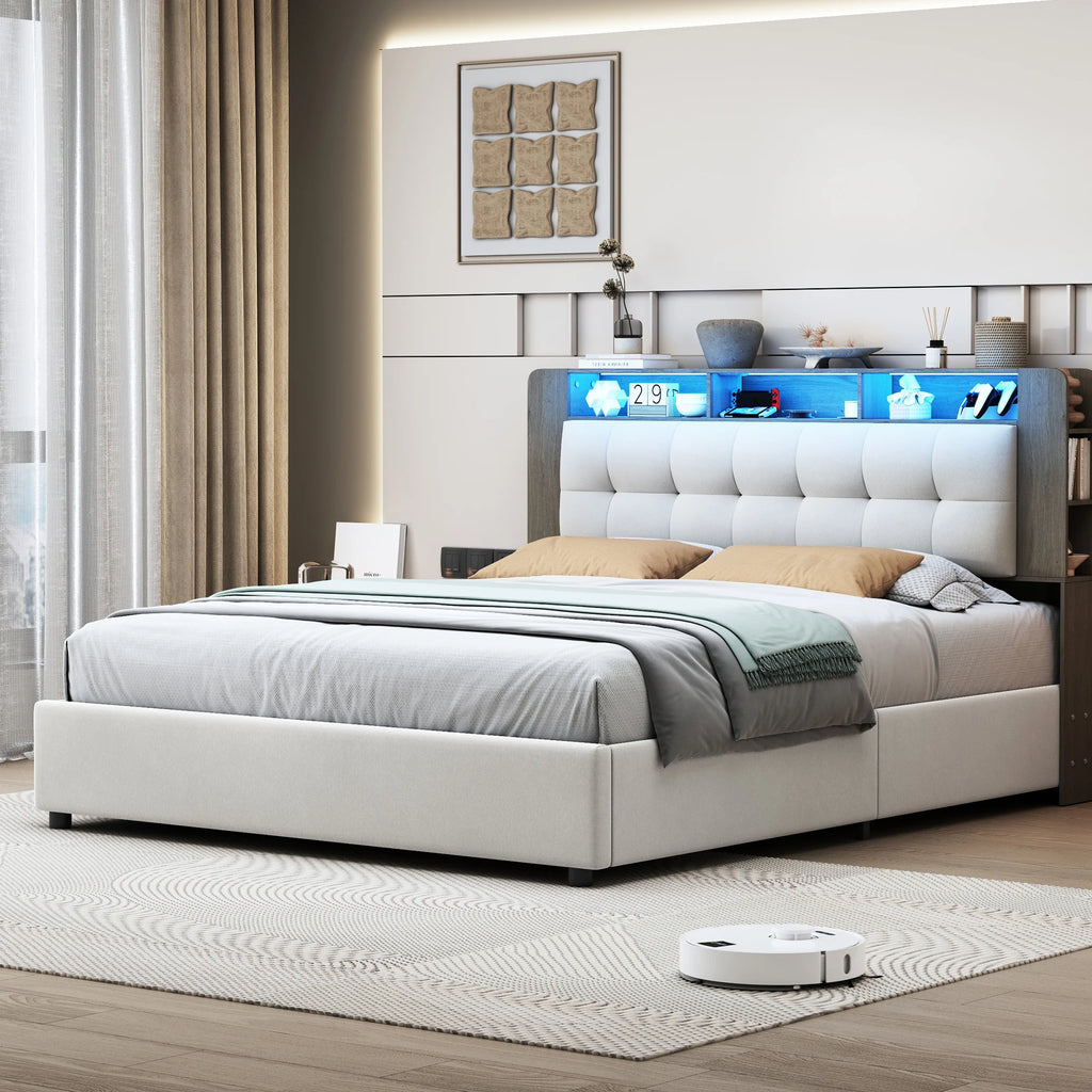 Lit rembourré Simurq avec espace de rangement 140 x 200 cm, lit double avec coffre de rangement hydraulique, lit pour adolescent avec sommier à lattes et coffre de lit, en velours, sans matelas, blanc cassé