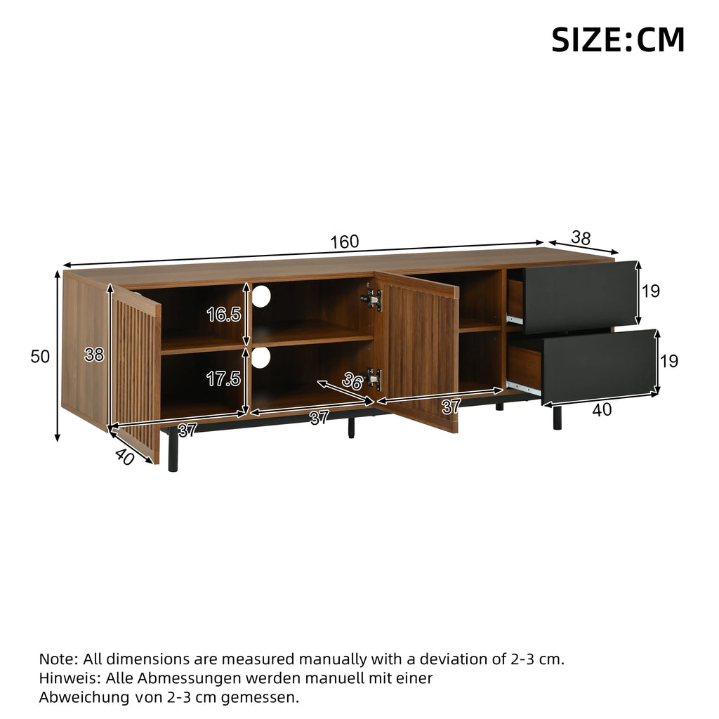 Meuble TV 160 cm, meuble télé en bois MDF avec portes à tasseaux, tiroirs et compartiments ouverts, meuble bas de salon au design noir et noyer