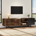 Meuble TV 160 cm, meuble télé en bois MDF avec portes à tasseaux, tiroirs et compartiments ouverts, meuble bas de salon au design noir et noyer