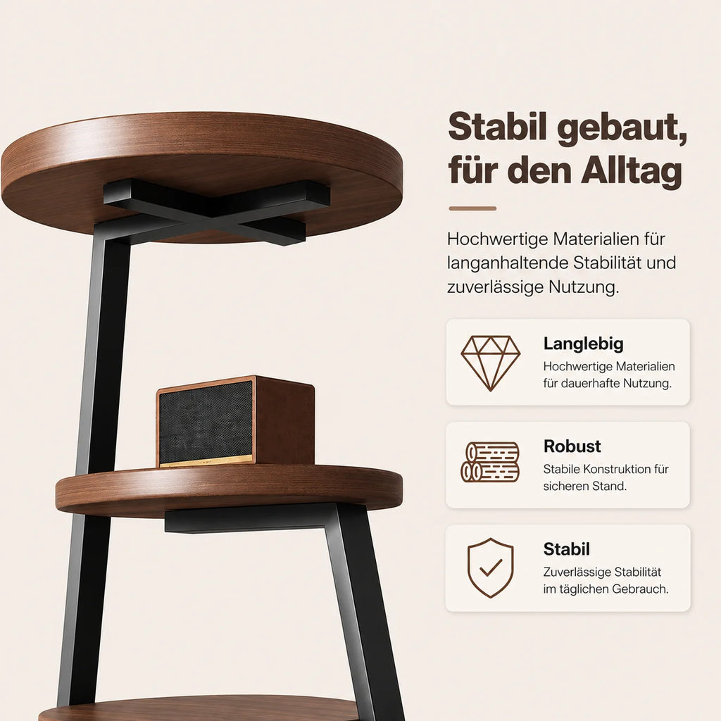 Table d'appoint ronde à 3 niveaux effet bois marron, petite table de chevet avec rangement, structure en métal thermolaqué, plateau étanche, table de bout de canapé gain de place pour salon, chambre, balcon et extérieur