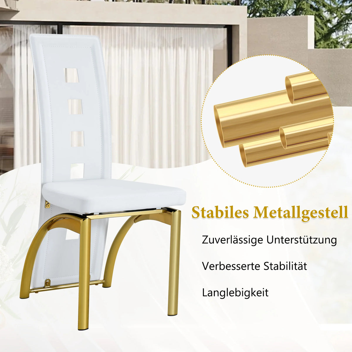[Lot de 2] Chaises de salle à manger au design européen avec dossier ajouré, cuir synthétique (PU) blanc mat et pieds en métal doré brillant, hauteur 102,5 cm, pour salle à manger ou salon moderne