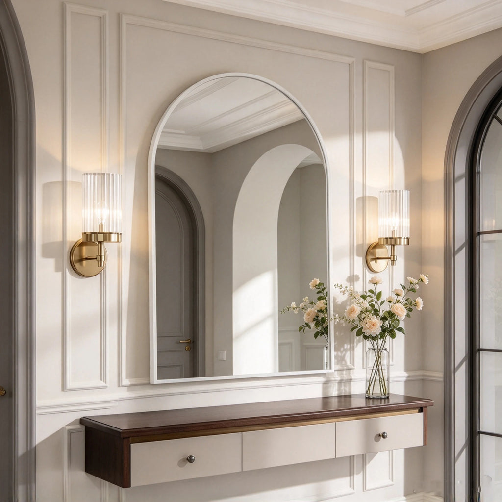 Miroir mural en verre trempé Superaly 91x61 cm avec cadre en alliage d'aluminium, miroir arqué, miroir de salle de bain, miroir de maquillage, miroir de courtoisie pour salon, chambre, couloir, blanc