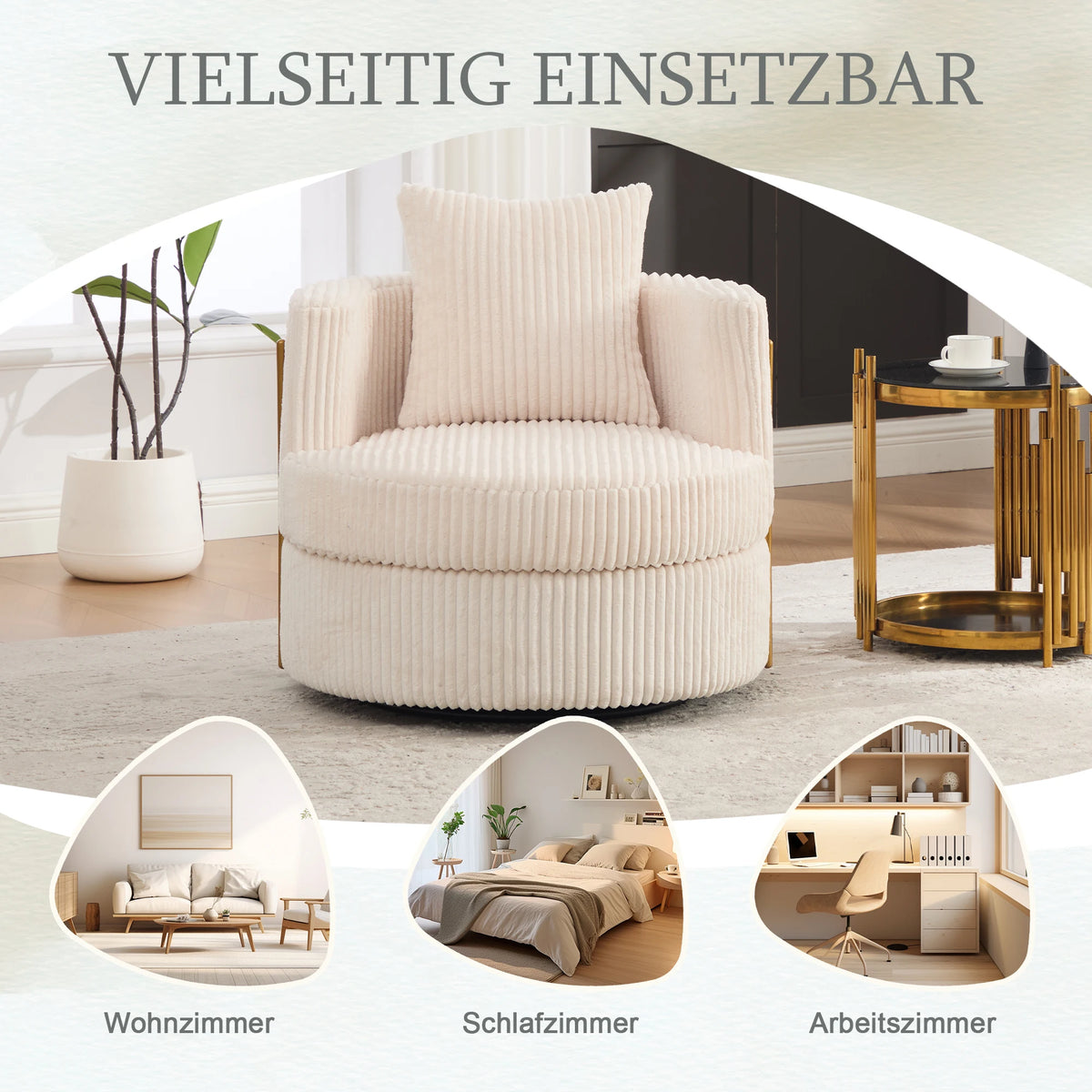 Lot de 2 fauteuils pivotants à 360° en velours côtelé beige avec mousse haute densité, rangement caché et accoudoirs rembourrés, polyvalents pour chambre, salon et chambre d'enfant