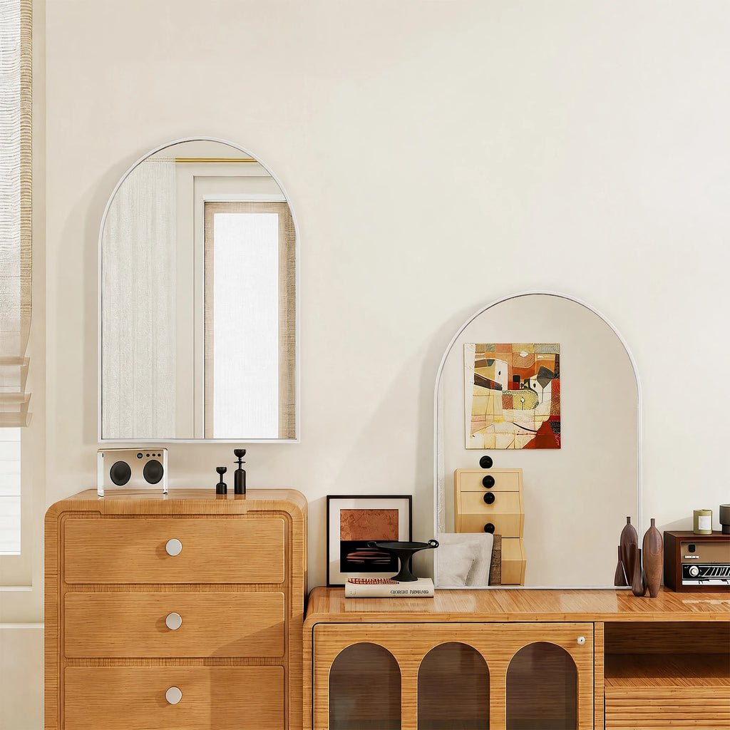 Miroir mural en verre trempé Superaly 91x61 cm avec cadre en alliage d'aluminium, miroir arqué, miroir de salle de bain, miroir de maquillage, miroir de courtoisie pour salon, chambre, couloir, blanc