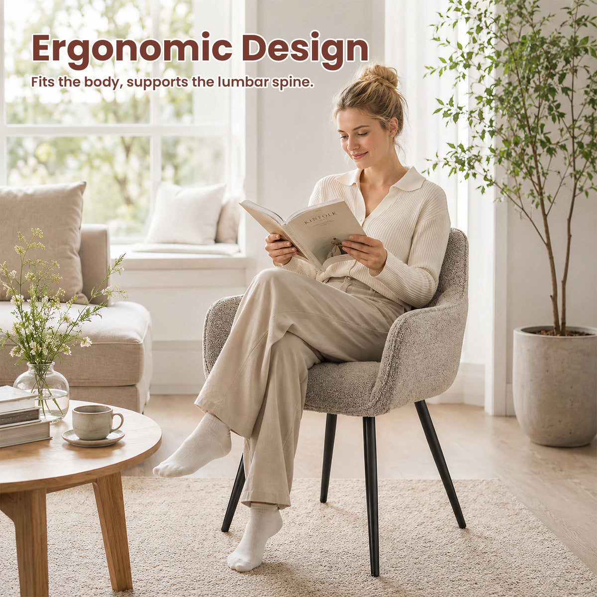 Lot de 2 ou 4 chaises de salle à manger rembourrées avec pieds en métal – Chaise de cuisine ergonomique pour salon – Chaise coquille moderne en velours, velours cotelé ou bouclette – Chaises rembourrées pour salle à manger, cuisine et salon