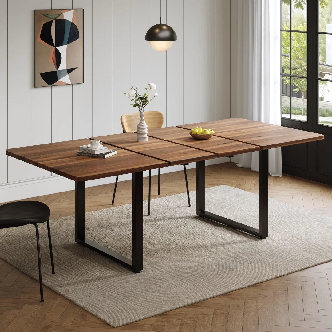 Table à manger extensible avec 3 longueurs (140/180/220 x 80 cm) - Convient pour 6 à 10 personnes, forme droite, pieds en métal, style simple pour salle à manger et cuisine - Couleur bois de noyer