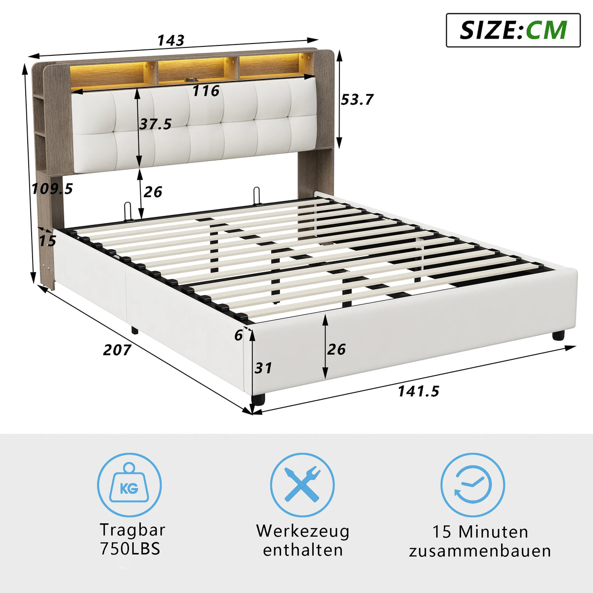 Lit rembourré Simurq avec espace de rangement 140 x 200 cm, lit double avec coffre de rangement hydraulique, lit pour adolescent avec sommier à lattes et coffre de lit, en velours, sans matelas, blanc cassé