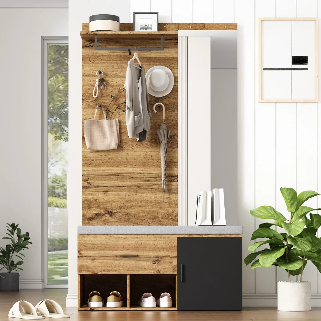 Meuble d'entrée avec miroir, banc à chaussures (104 x 39 cm) avec rembourrage, meuble à chaussures, tiroir, étagère, crochets portemanteaux – Design pratique pour l'entrée