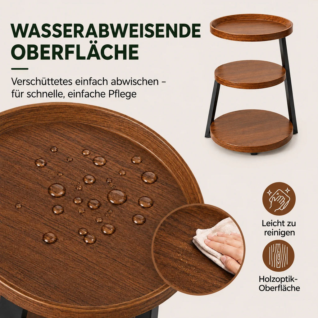 Table d'appoint ronde à 3 niveaux effet bois marron, petite table de chevet avec rangement, structure en métal thermolaqué, plateau étanche, table de bout de canapé gain de place pour salon, chambre, balcon et extérieur