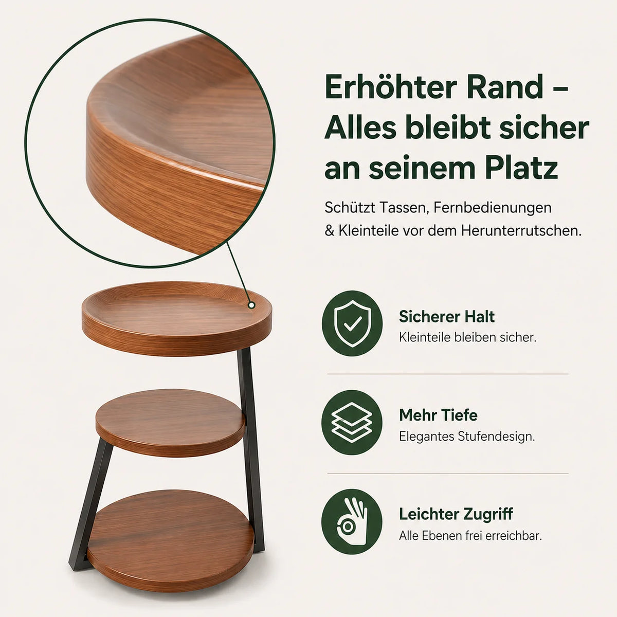 Table d'appoint ronde à 3 niveaux effet bois marron, petite table de chevet avec rangement, structure en métal thermolaqué, plateau étanche, table de bout de canapé gain de place pour salon, chambre, balcon et extérieur