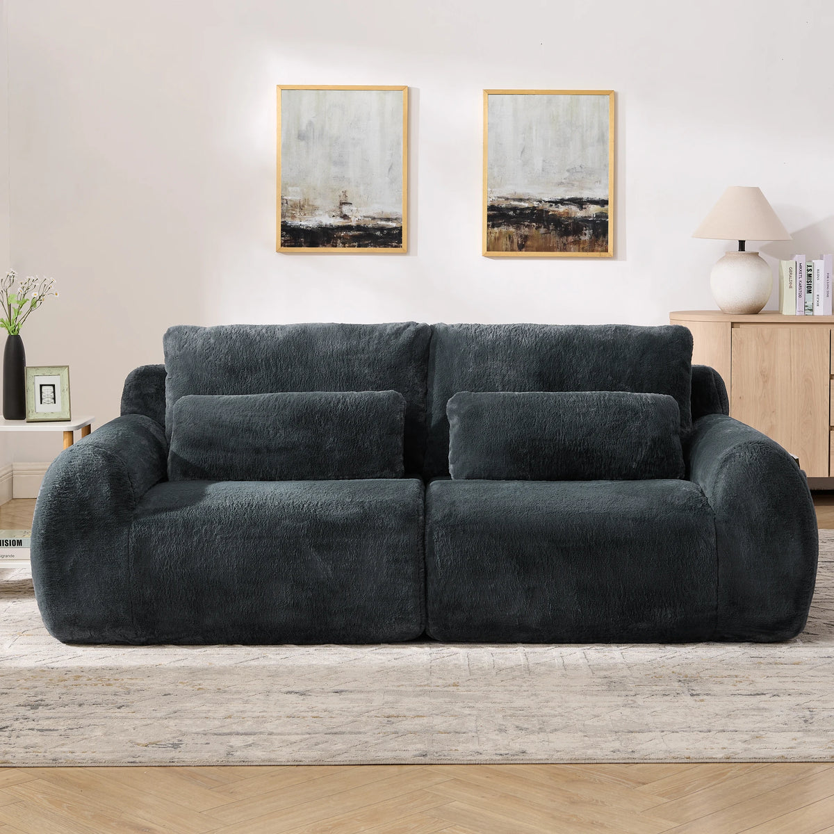 Canapé 2 places en tissu effet fourrure de lapin, vert, avec dossier haut, assise rembourrée à ressorts et poche latérale pour magazines. Son design compact est idéal pour un petit salon, un appartement, un bureau ou une chambre.