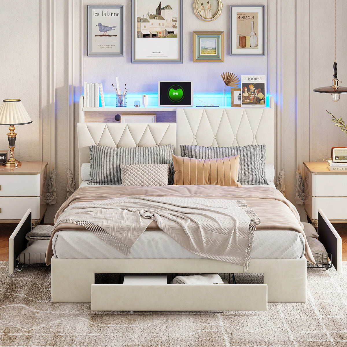 Lit 160x200 cm, lit double avec 3 tiroirs et rangement sous la tête de lit, lit coffre en velours beige avec sommier à lattes, lit pour adolescent, lit fonctionnel, cadre de lit pour chambre et chambre d'amis, lit confort pour adultes et adolescents