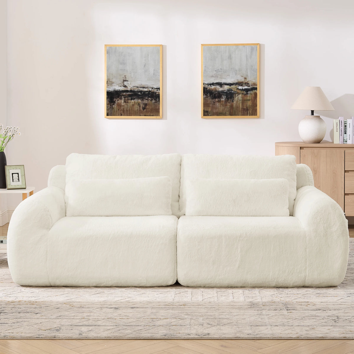 Canapé 2 places en tissu effet fourrure de lapin, vert, avec dossier haut, assise rembourrée à ressorts et poche latérale pour magazines. Son design compact est idéal pour un petit salon, un appartement, un bureau ou une chambre.