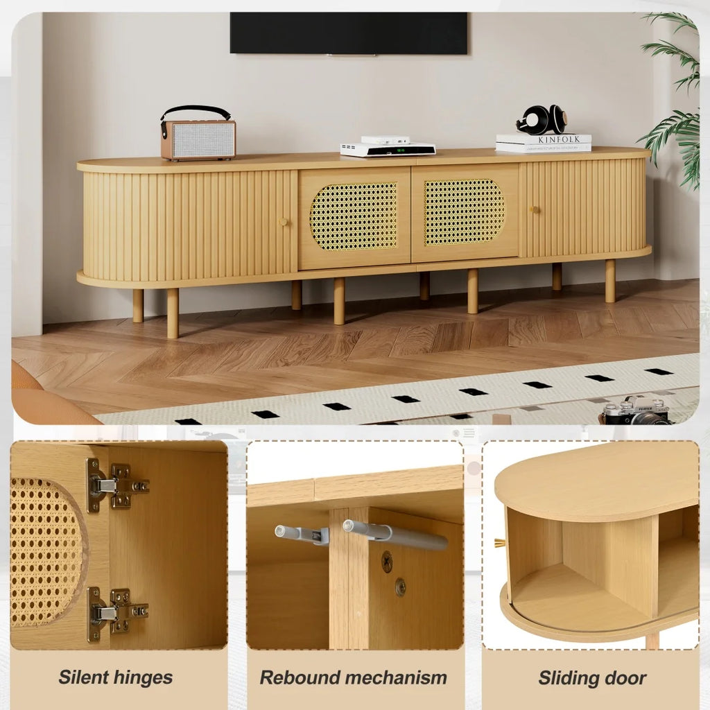 Meuble TV ovale 180x40x40 cm couleur bois clair avec design en rotin, deux portes de placard, deux portes coulissantes, meuble télé bas de salon en MDF, adapté aux téléviseurs jusqu'à 75 pouces