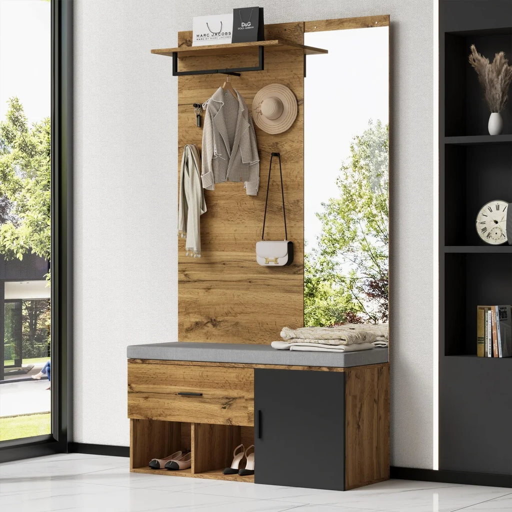 Meuble d'entrée avec miroir, banc à chaussures (104 x 39 cm) avec rembourrage, meuble à chaussures, tiroir, étagère, crochets portemanteaux – Design pratique pour l'entrée