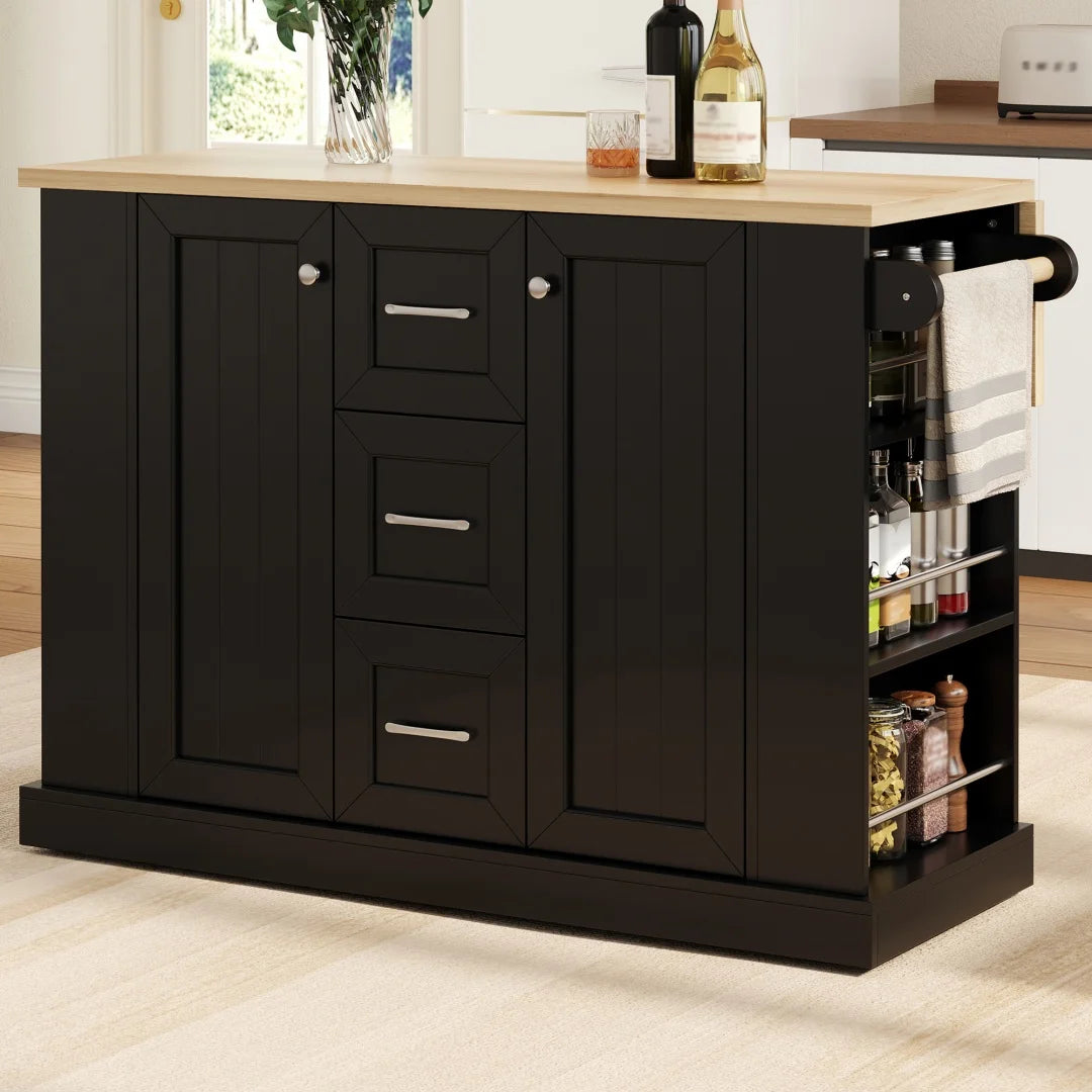 Îlot de cuisine mobile avec plan de travail rabattable - Desserte de cuisine sur roulettes avec étagères à 3 niveaux, 3 tiroirs et roulettes verrouillables - 120 x 45 (70) x 90 cm