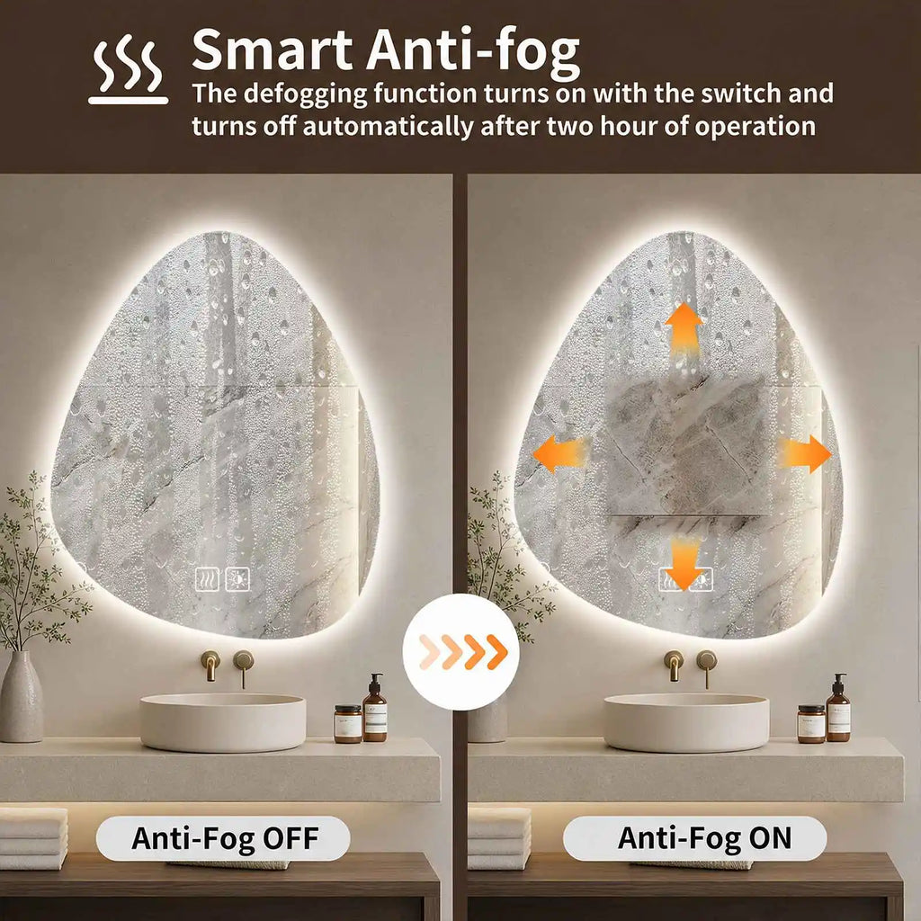 Miroir de salle de bain en forme de goutte sans cadre - Anti-buée, commande tactile et éclairage réglable à trois couleurs, idéal pour salle de bain, chambre et salons de beauté