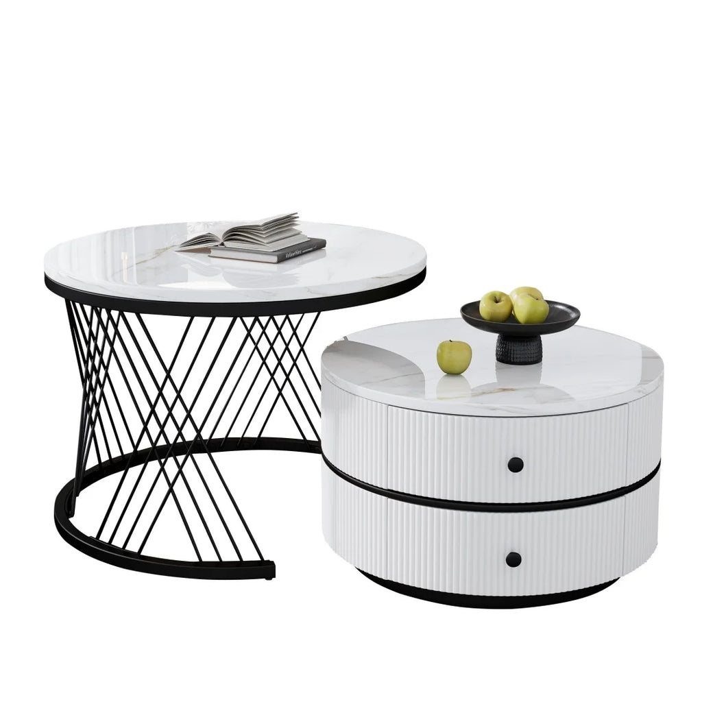 Lot de 2 tables basses gigognes blanches, 60x60x46 cm et 50x50x31 cm, tables rondes avec effet marbre haute brillance, 2 tiroirs, capacité jusqu'à 30 kg, ensemble de tables basses combinées gigognes