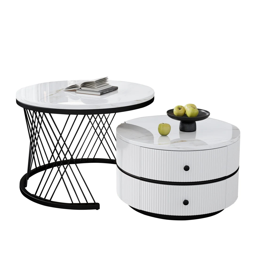 Lot de 2 tables basses gigognes blanches, 60x60x46 cm et 50x50x31 cm, tables rondes avec effet marbre haute brillance, 2 tiroirs, capacité jusqu'à 30 kg, ensemble de tables basses combinées gigognes