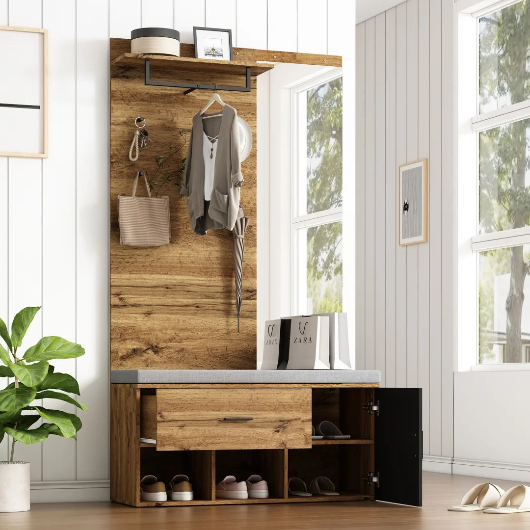 Meuble d'entrée avec miroir, banc à chaussures (104 x 39 cm) avec rembourrage, meuble à chaussures, tiroir, étagère, crochets portemanteaux – Design pratique pour l'entrée