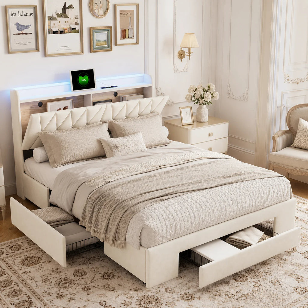 Lit 160x200 cm, lit double avec 3 tiroirs et rangement sous la tête de lit, lit coffre en velours beige avec sommier à lattes, lit pour adolescent, lit fonctionnel, cadre de lit pour chambre et chambre d'amis, lit confort pour adultes et adolescents