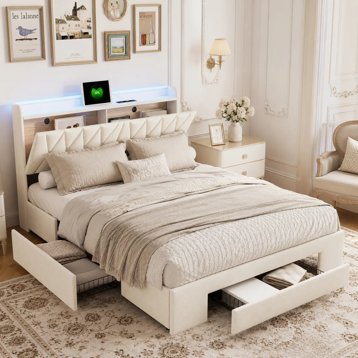 Lit 160x200 cm, lit double avec 3 tiroirs et rangement sous la tête de lit, lit coffre en velours beige avec sommier à lattes, lit pour adolescent, lit fonctionnel, cadre de lit pour chambre et chambre d'amis, lit confort pour adultes et adolescents